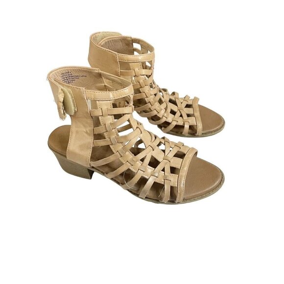MIA Kids Misty Strappy Tan Sandals 5 Faux Leather Summer Block Heel - Picture 1 of 6